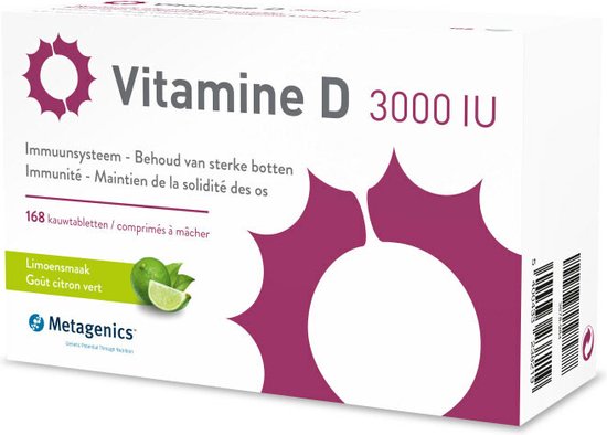 Vitamine D 3000 IU Metagenics, 168 kauwtabletten met limoensmaak. Witte doos met paarse logo's en afbeelding van limoenen.