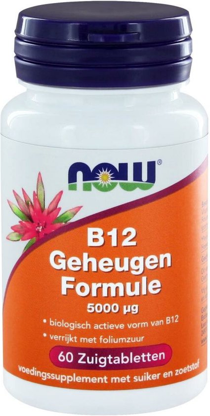 Witte pot met paarse dop en oranje etiket met de tekst "B12 Geheugen Formule 5000 µg 60 Zuigtabletten".