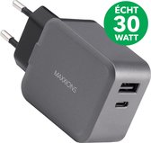 Maxxions Oplader USB-C en USB-A - 30W - 2 Poorten - Snellader - Power Delivery 3.0 - Telefoon Oplader - Space Gray
