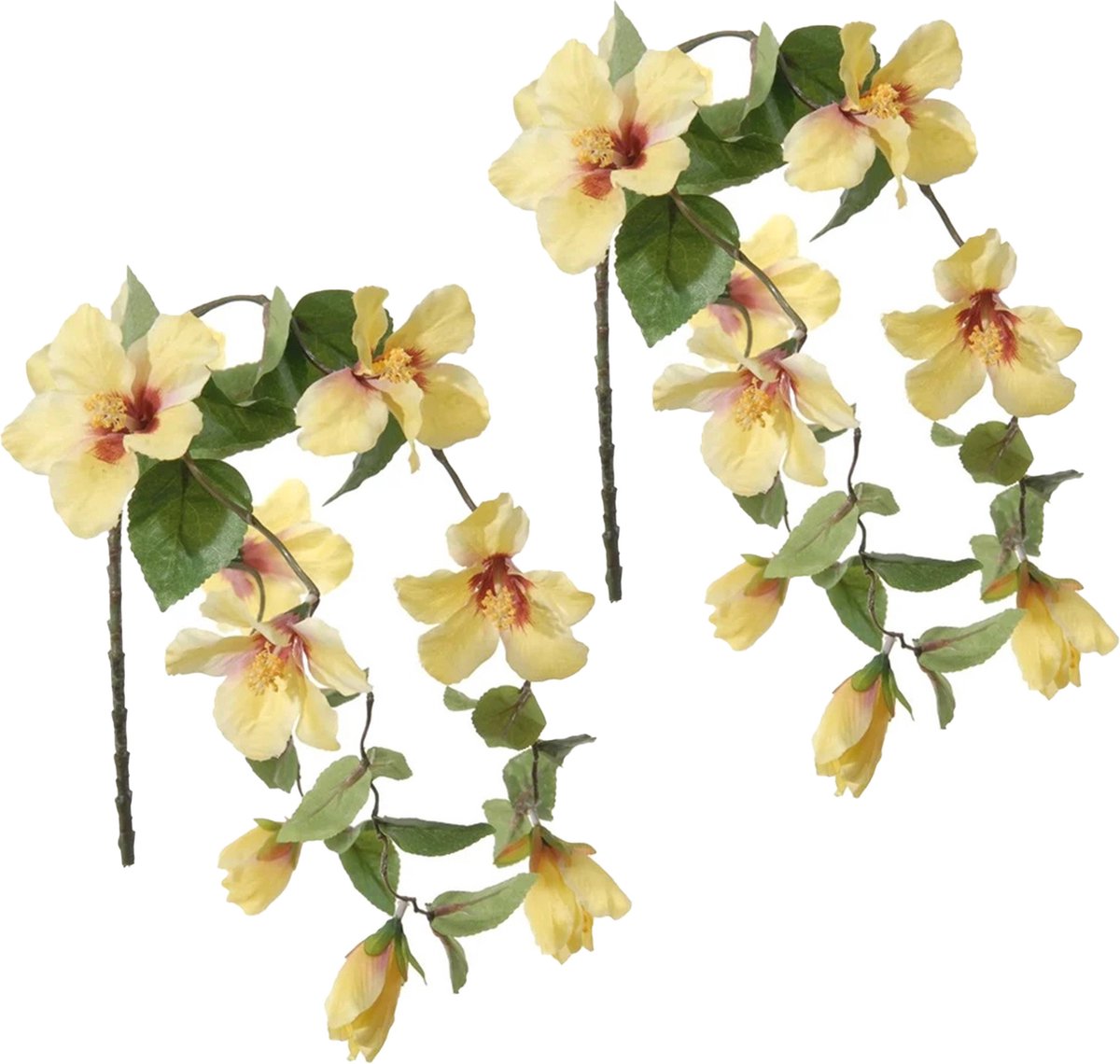 Louis Maes Hibiscus kunstbloemen - 2x - geel - hangende tak - 165 cm - zomer decoratie - levensecht - pvc kunststof