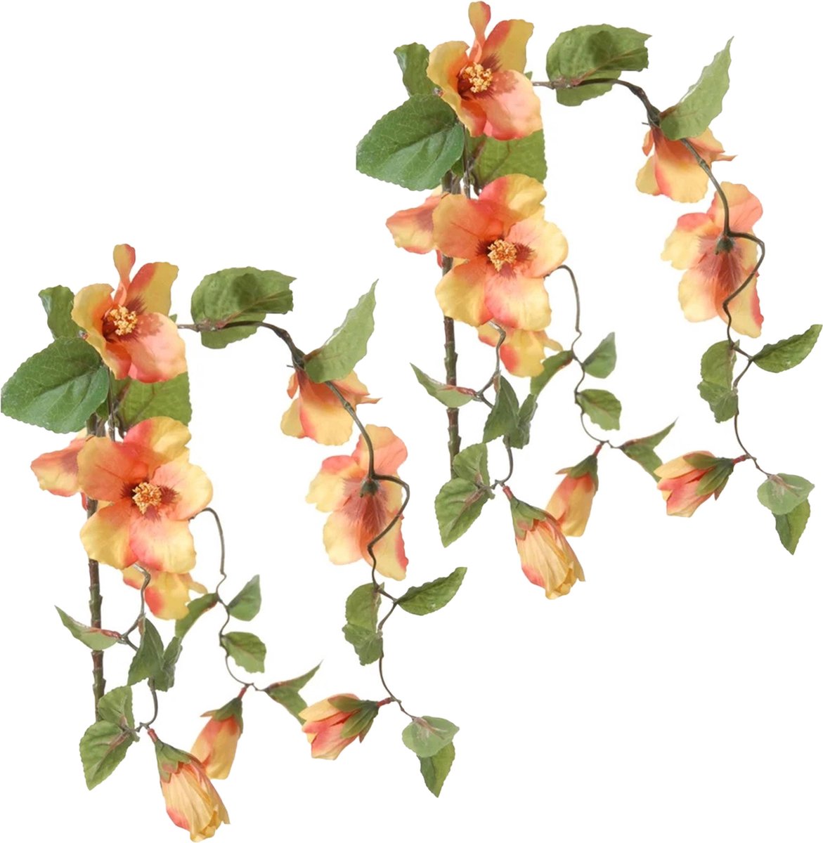 Louis Maes Hibiscus kunstbloemen - 2x - perzik - hangende tak - 65 cm - zomer decoratie - levensecht - pvc kunststof Oranje