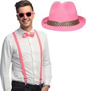 Carnaval verkleedset Funky - hoed/bretels/bril/strikje - roze - heren/dames - verkleedkleding - verkleedkleding accessoires