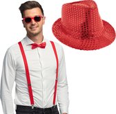 Toppers - Carnaval verkleedset Supercool - hoedje/bretels/bril/strikje - rood - heren/dames - glimmend - verkleedkleding accessoires