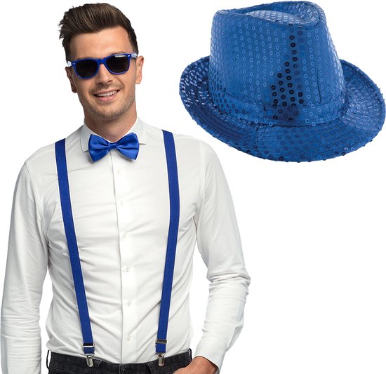 GOLDGE Herenaccessoireset uit de jaren 20, Gatsby-maffia-kostuum, gangsterhoed, panamahoed, verstelbare bandjes, stropdas, vlinderdas, retro zakhorloge, bril en