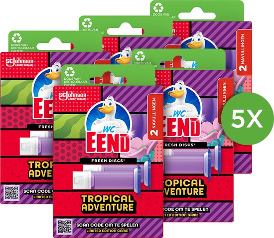 Vijf verpakkingen van WC Eend Fresh Discs Tropical Adventure, elk met een eend-logo en paarse gelbuisjes.