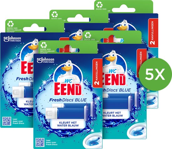 Vijf verpakkingen van WC Eend Fresh Discs Blue navullingen met een eend en blauw water.