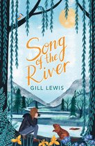 Boekcover 'Song of the River' met een meisje dat een bever fotografeert bij een rivier, omringd door bomen en bergen.