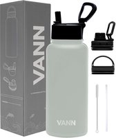 VANN® 3-Wandige Waterfles 1 liter met rietje voor volwassenen – Bidon RVS - Met 5 accessoires + 25 recepten – 24uur koud/12 uur warm - Grijs
