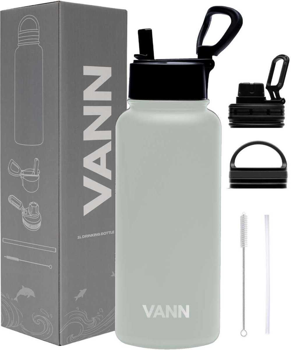 VANN® 3-Wandige Waterfles 1 liter met rietje voor volwassenen – Bidon RVS - Met 5 accessoires + 25 recepten – 24uur koud/12 uur warm - Grijs