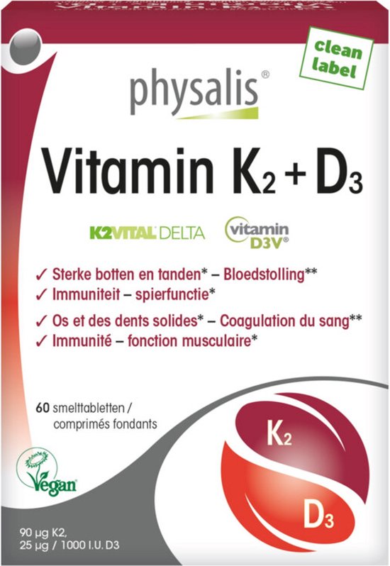 Physalis Vitamin K2+D3 | Met vegan vitamine D3 voor sterke botten & goede weerstand Frambozensmaak smelttabletten 60 Tabletten