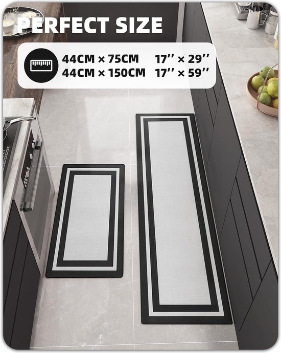 Super Absorberend Keukenmat 44 x 75 + 44 x 150 cm, Snel Droog Keukenmat Anti slip Wasbaar, Keukenmat voor Keuken, Eetkamer, Wasruimte (Zwart)
