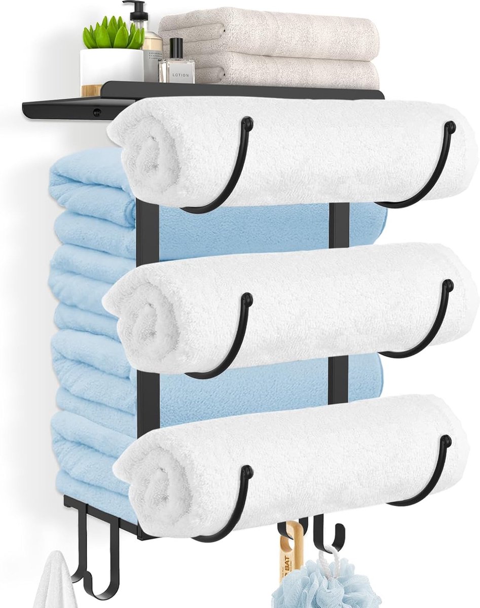 Wandmontage handdoekenrek voor opgerolde handdoeken, dubbelzijdige wandhanddoekopslag voor kleine badkamer met plank en haken, upgrade badhanddoekrek voor 6 grote maten