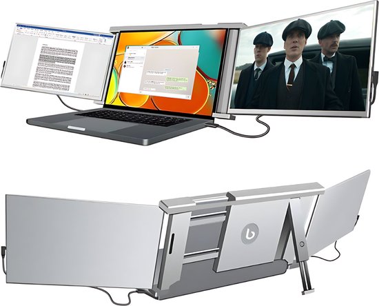Blerron Tri-Screen ONE - 14" - Portable Monitor - Laptopscherm: 13.5" - 16" - Portable Monitoren - Beeldscherm - Inclusief Beschermhoes - 1920x1080P - 60 Hz - HDMI & USB-C - Grijs