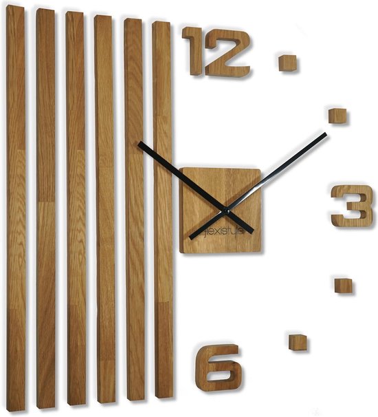 Horloges murales 3D DIY lattes en bois de chêne grande 60 cm horloge murale 3D design moderne autocollant mural écologique horloges de décoration pour bureau salon chambre article de décoration horloge à quartz (aiguilles noires)