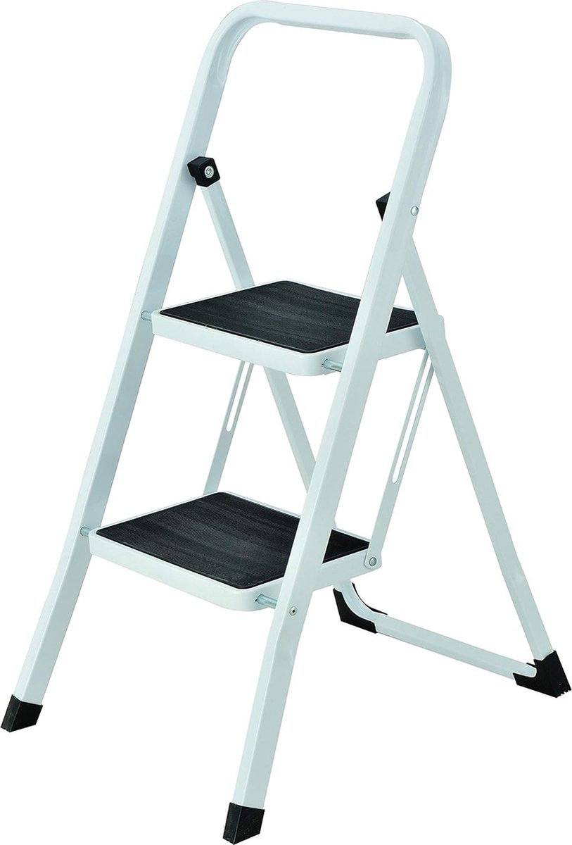 Veiligheid: deze stalen staande ladder heeft een maximale belastbaarheid van 150 kg en is gecertificeerd volgens de norm EN 131, wat zijn kwaliteit en veiligheid garandeert. Stabiliteit: De twee treden zijn stevig aan de trapladder geklonken. Ze zijn