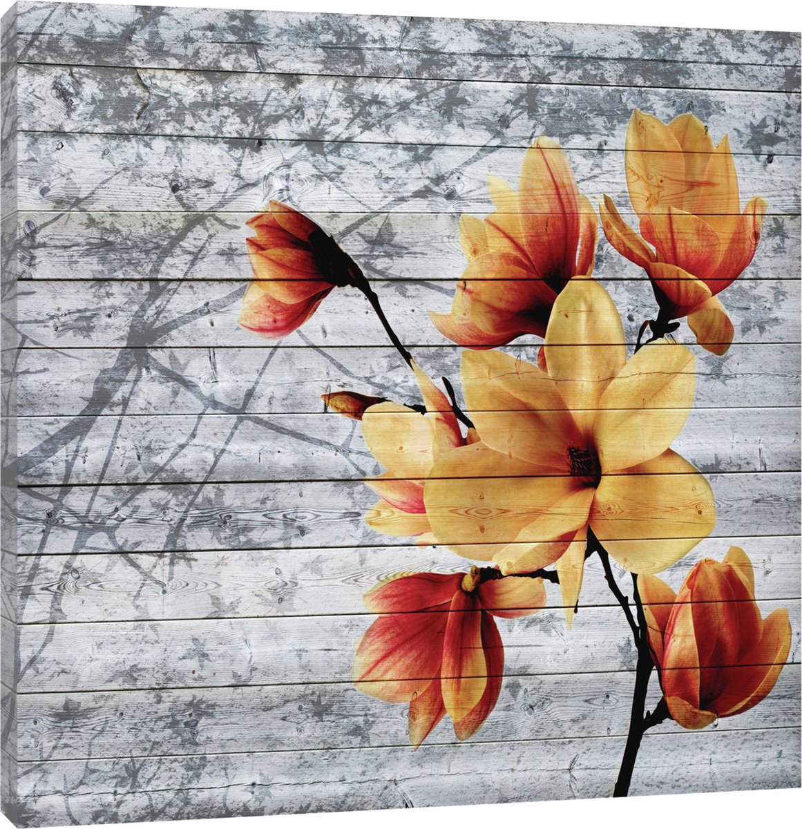 Canvas Schilderij - Oranje bloemen op hout - Bloemen - Oranje - Steen - Hout - Muur - Schilderij Woonkamer - Schilderijen op canvas - Inclusief Frame - 100x75cm (LxB)