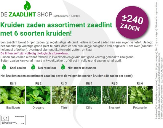 Kruiden zaden assortiment zaadlint (basilicum zaden, oregano zaden, tijm zaden, dille zaden, bieslook zaden, peterselie zaden) - Zaadlint.nl