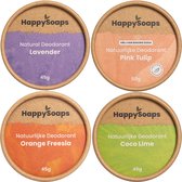 4x HappySoaps Natuurlijke Deodorant Lavendel - Orange Freesia - Pink Tulip - Coco Lime (1 jaar voorraad)
