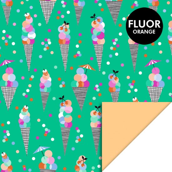 Foto: 1 rol ice confetti fluor peach 70 cm x 3 meter luxe dubbelzijdig inpak papier geschenkverpakking cadeaupapier ijsjes kinder verjaardag cadeau verpakking snq cadeau verpakkingen