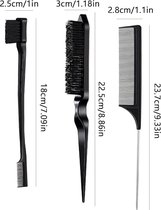 GEAR3000® edges brush - babyhaar - puntkam - wenkbrauwborstel - toupeerborstel - toupeerkam - 3-delig - zwart