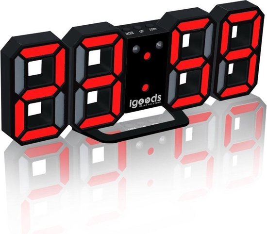 Klok de table numérique Igoods - Wekker LED - Wekker numérique 3D - Horloge de bureau moderne - Avec jauge de température - Zwart/ Rouge