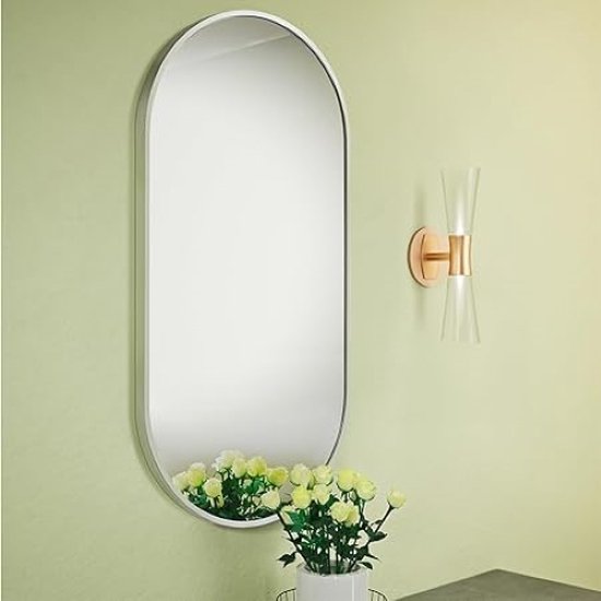spiegel voor de wand - Ovale wandspiegel 75 x 38 cm - Aluminium frame in zilverkleurig - Horizontaal of verticaal