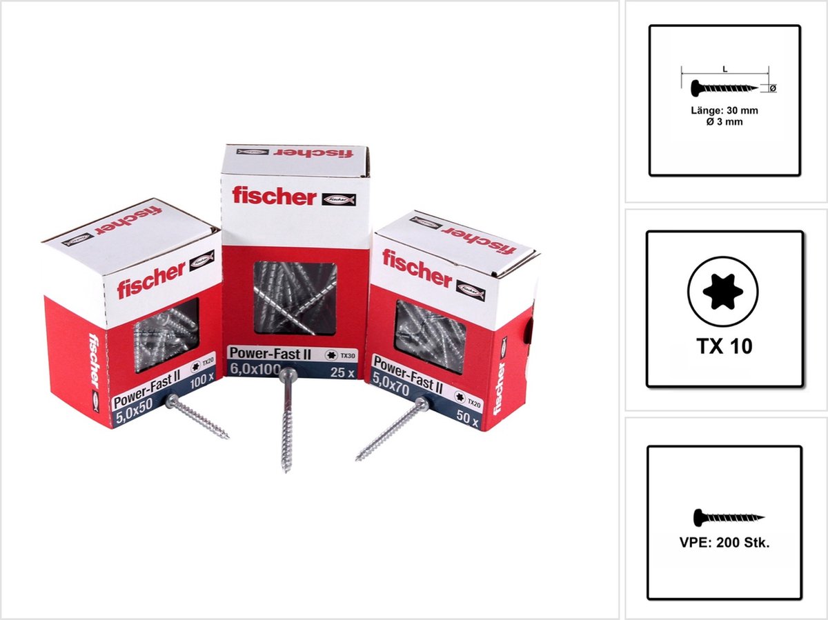 Fischer 200x Power-Fast II FPF II PTF 3 x 30 mm BC Pan Head met Binnenster TX10 Volledige Schroefdraad Galvanisch Verzinkt Blauw Gepassiveerd - 670060