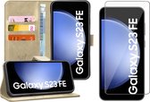 Hoesje geschikt voor Samsung Galaxy S23 FE - Screenprotector Glas - Portemonnee Book Case Goud