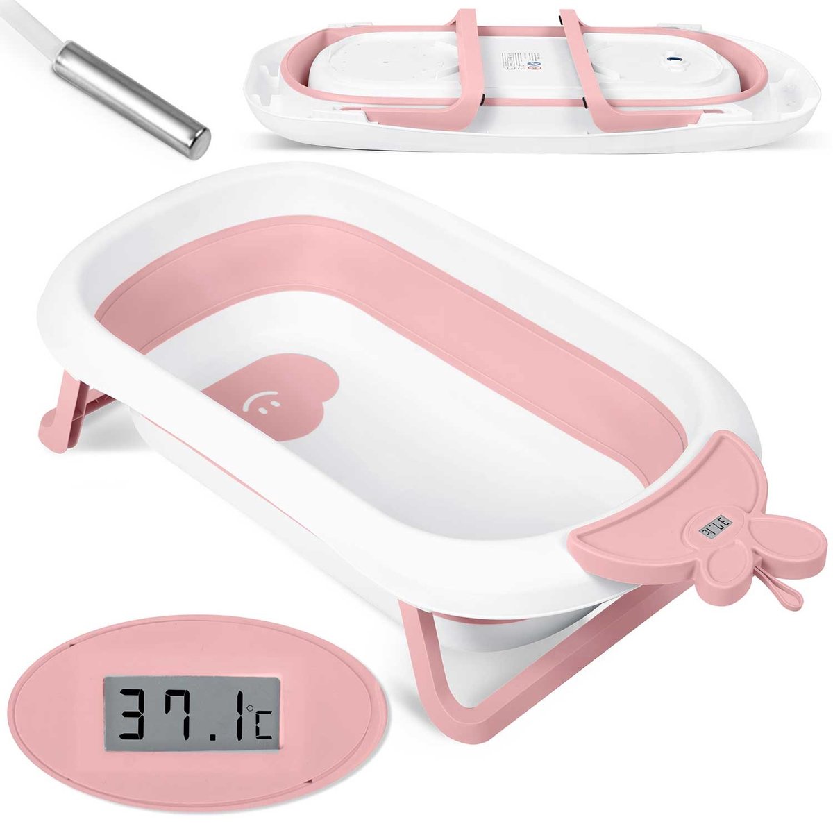 Goedkoopste Babybadje met thermometer - roze wit - 51x21,5 cm