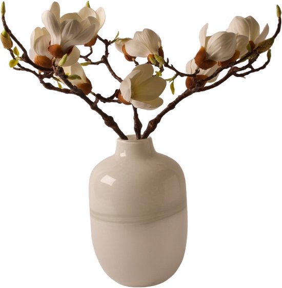 WinQ - Fleurs artificielles Magnolia 3 branches - avec vase blanc - Ensemble Magnolia complet.
