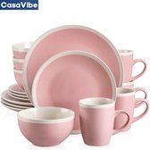 CasaVibe Luxe Serviesset – 16 delig – 4 persoons – Porselein - Bordenset – Dinner platen – Dessertborden - Kommen - Mokken - Set - Roze
