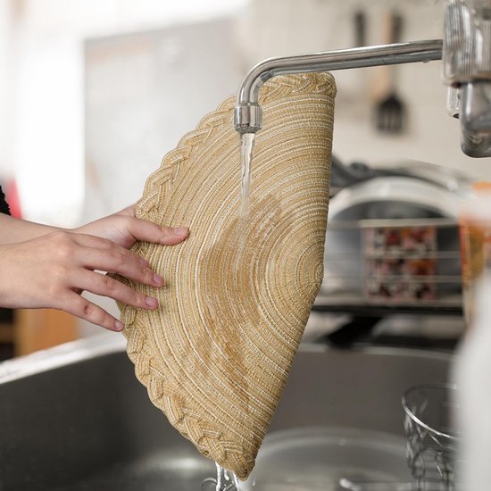 fanquare Blauwe placemats en onderzettersets, 6 katoenen garens, gevlochten placemats, ronde tafelmatten, hittebestendig, wasbaar, antislip, tafelmatten voor eetkamer, keuken, tafeldecoratie, 38 cm
