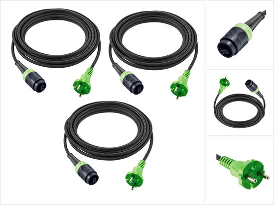 Drie zwarte kabels, elk met een groene stekker en een zwarte connector met groene ring.