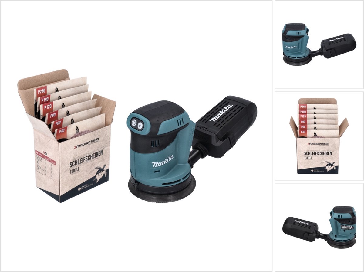 Makita DBO 180 Z snoerloze excentrische schuurmachine 18 V 125 mm + Toolbrothers TURTLE schuurpapierset - zonder accu, zonder oplader, ideaal voor doe-het-zelven, schuren, vast gemonteerde stofbox