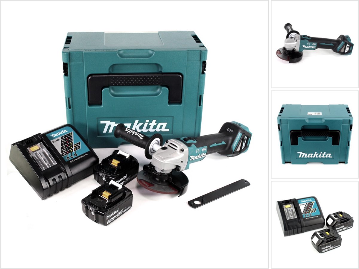 Makita DGA 513 RFJ accu haakse slijper 18V 125mm borstelloos + 2x accu 3.0Ah + lader + Makpac