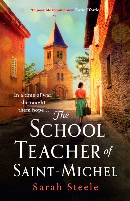 Een vrouw in een oranje top en groene rok loopt een smal stenen straatje in met een kerk op de achtergrond. De titel luidt 'The School Teacher of Saint-Michel'.