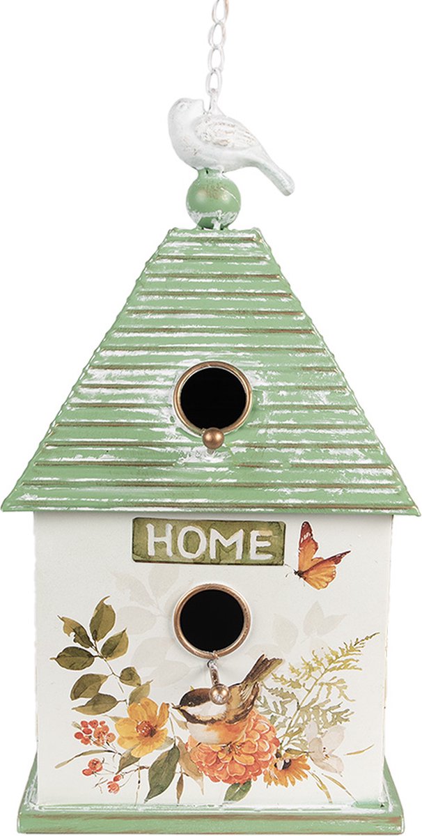 Clayre & Eef Vogelhuis 20x18x38 cm Wit Groen Metaal Rechthoek Bloemen Vogelhuisje Hangend