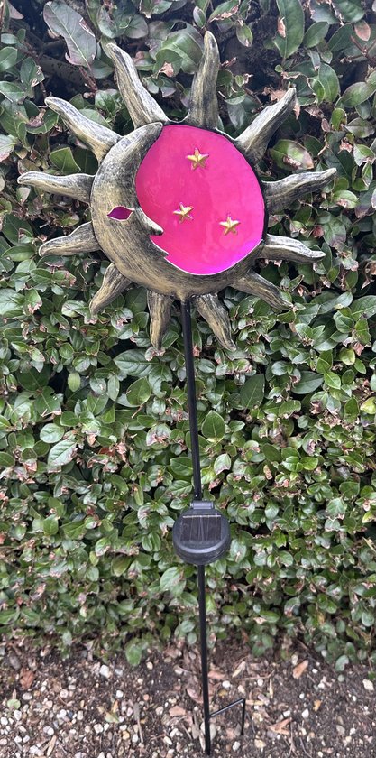 Metalen solarlamp op tuinsteker "zon+maan" - roze + meerkleurig - met 1 LED - tuinsteker - hoogte 90 x 25 x 2 cm - Tuindecoratie - Tuinverlichting