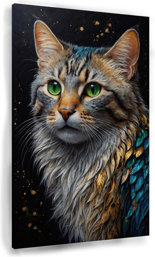 Gouden kat - Goud canvas schilderijen - Schilderij huisdieren - Klassiek schilderijen - Schilderijen canvas - Woonkamer decoratie - 40 x 60 cm 18mm