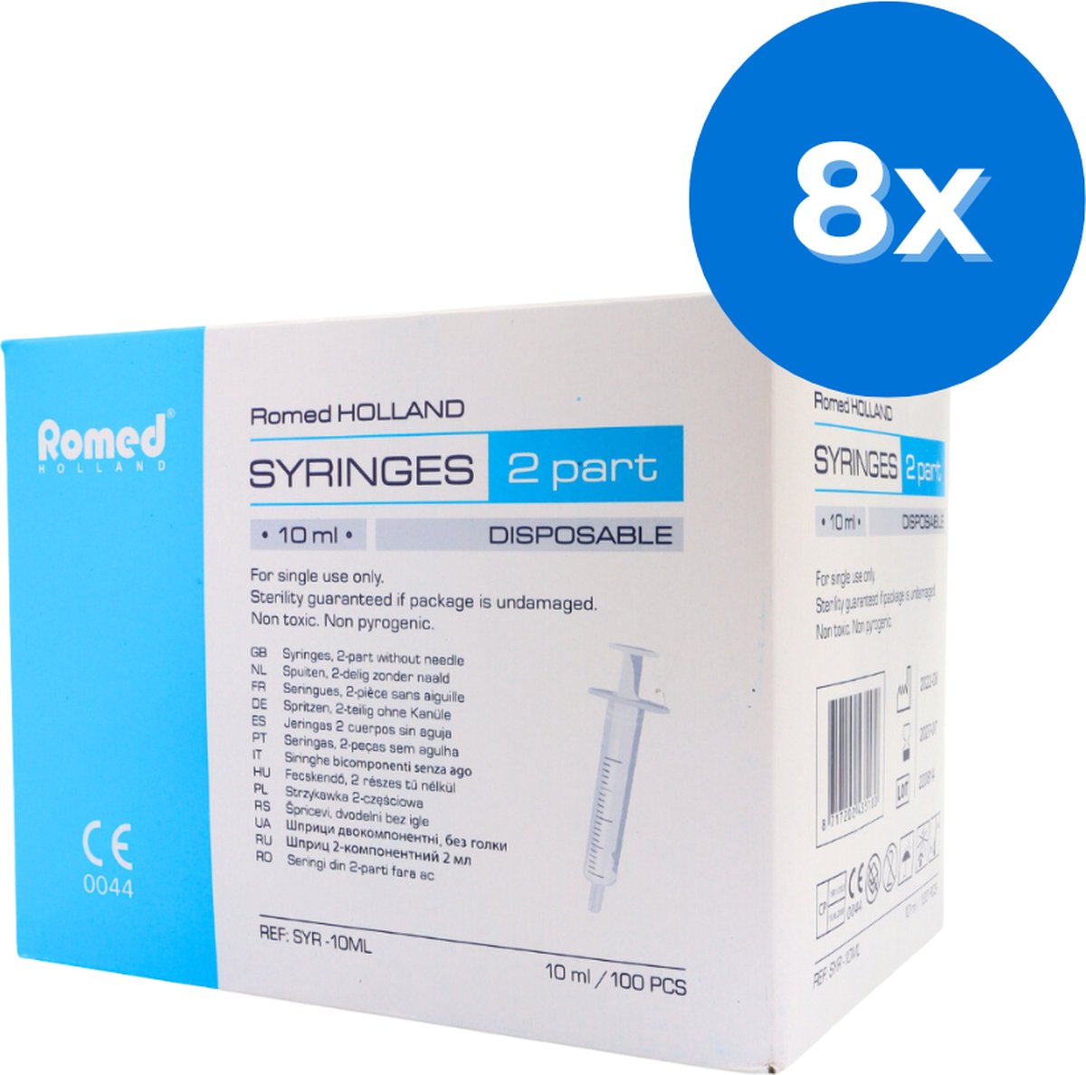 Romed 2-delige injectiespuiten 10ml luer slip 800 stuks - Set van 8 doosjes Romed