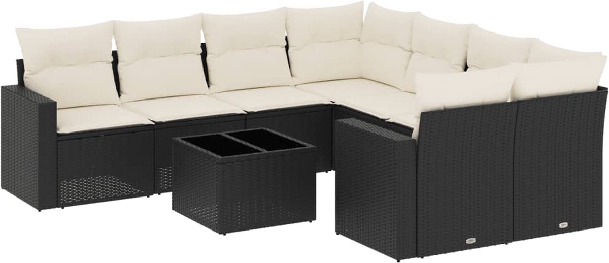 vidaXL 9-delige - Loungeset - met - kussens - poly - rattan - zwart
