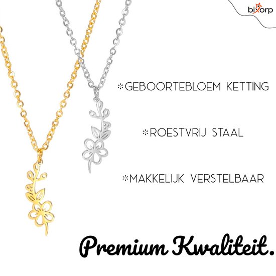 Twee kettingen, goudkleurig en zilverkleurig, met een bloem- en takjeshanger. "GEBOORTEBLOEM KETTING"