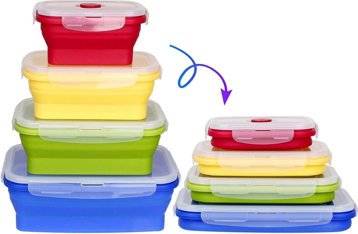 Vershouddozen met deksel, opvouwbare siliconen broodtrommel, maaltijdbereiding, vriesdozen, vershouddozen voor kinderen of keuken, magnetron, dishasher en vriezer, veilig (kleurrijk)