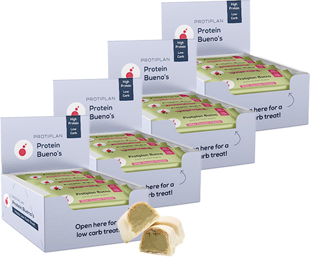 Goedkoopste Protiplan | Bueno Witte Chocolade Pistache | 48 stuks | 48 x 40 gram | Low carb snack | Eiwitrepen | Koolhydraatarme sportvoeding | Afslanken met Proteïne repen | Snel afvallen zonder hongergevoel!