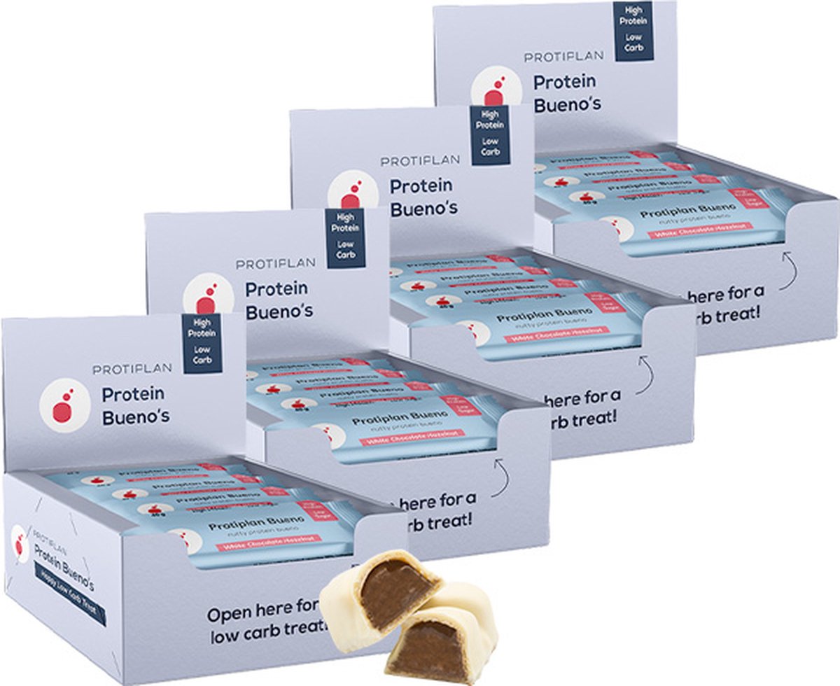 Goedkoopste Protiplan | Bueno Witte Chocolade Hazelnoot | 48 stuks | 48 x 40 gram | Low carb snack | Eiwitrepen | Koolhydraatarme sportvoeding | Afslanken met Proteïne repen | Snel afvallen zonder hongergevoel!