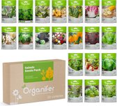 Salade Zaden Pakket - 20 soorten - Organifer - Non-GMO, Diverse Groente & Kruiden voor Kleurrijke & Smakelijke Salades, Inclusief Plantgids, Ideaal voor Duurzaam Tuinieren, Geschikt voor Beginners & Ervaren Tuiniers