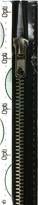 Zwarte rits van Opti met zilverkleurige tanden en "Opti" logo.