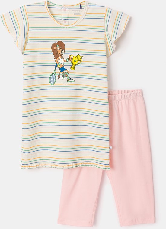 Woody pyjama meisjes/dames - multicolor gestreept - leeuw - 241-10-BAB-S/910 - maat 92