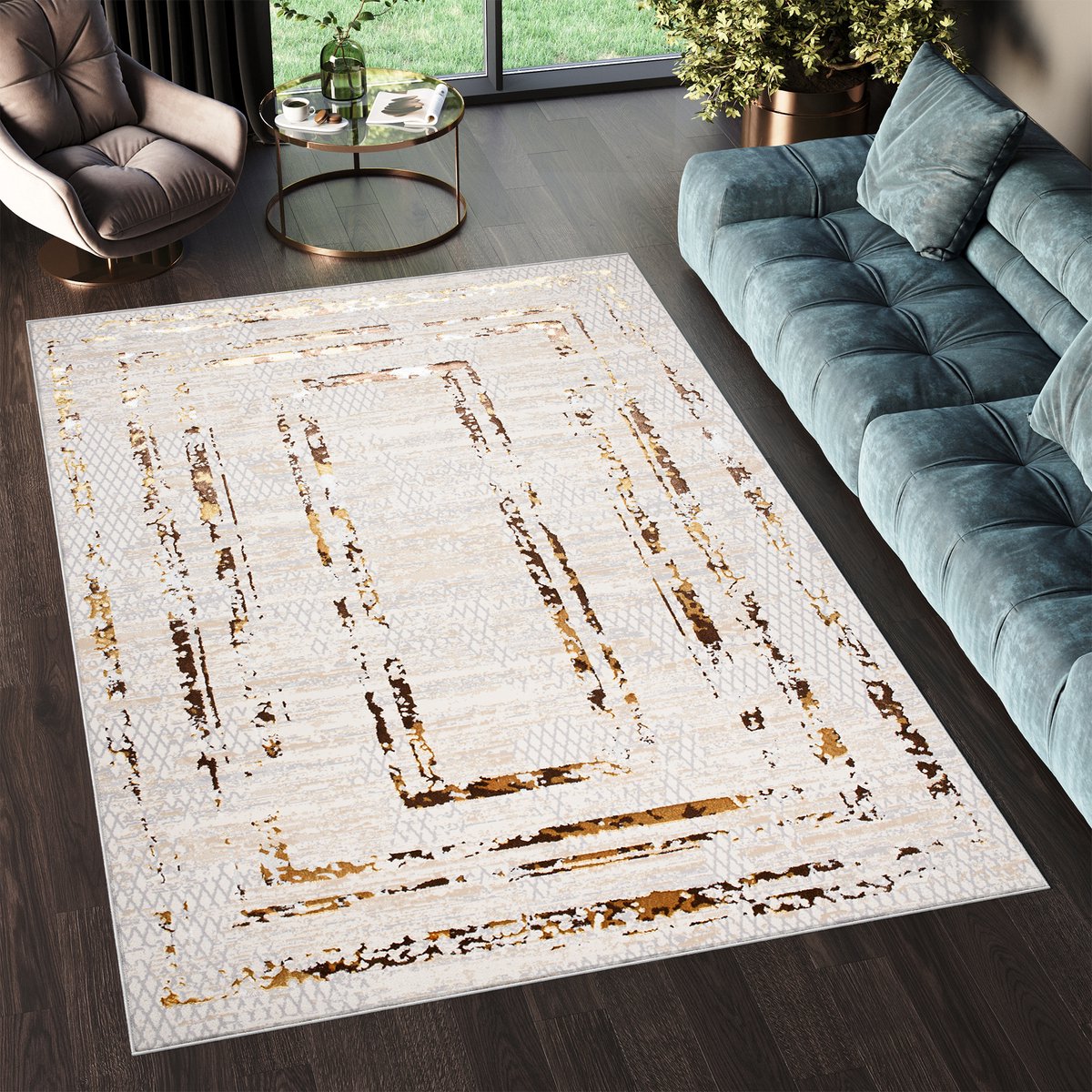 Tapiso Golden Vloerkleed Tapijt Beige Modern Woonkamer Maat- 140x200