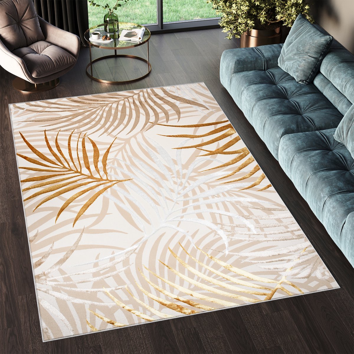 Tapiso Golden Vloerkleed Beige Licht Bladeren Modern Tapijt Maat- 120x170 Beige Oranje